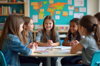 Groupe d'ecoliers en discussion dans une salle moderne