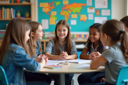 Groupe d'ecoliers en discussion dans une salle moderne