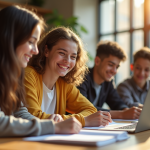 Groupe d'etudiants au lycée travaillant ensemble à la bibliothèque