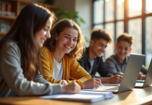 Groupe d'etudiants au lycée travaillant ensemble à la bibliothèque