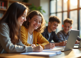 Groupe d'etudiants au lycée travaillant ensemble à la bibliothèque