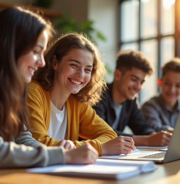 Groupe d'etudiants au lycée travaillant ensemble à la bibliothèque