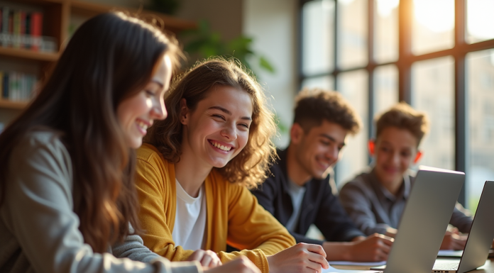 Groupe d'etudiants au lycée travaillant ensemble à la bibliothèque
