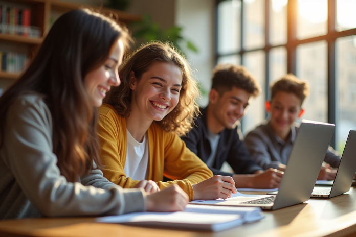 Groupe d'etudiants au lycée travaillant ensemble à la bibliothèque