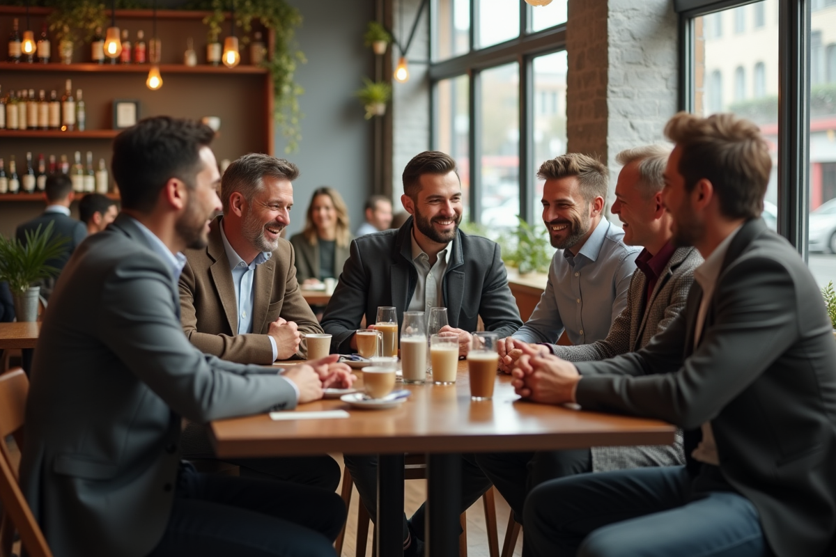 Groupe d hommes discutant dans un café lumineux