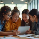 Approches pédagogiques modernes : quelles nouveautés pour l’éducation ? Groupe d'étudiants collaborant autour d'une tablette dans une salle moderne