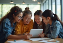 Groupe d'étudiants collaborant autour d'une tablette dans une salle moderne