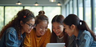 Groupe d'étudiants collaborant autour d'une tablette dans une salle moderne