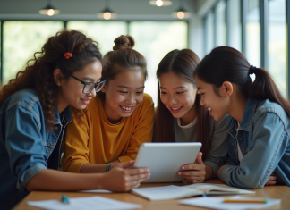 Groupe d'étudiants collaborant autour d'une tablette dans une salle moderne