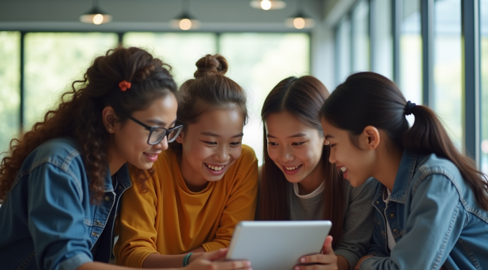 Groupe d'étudiants collaborant autour d'une tablette dans une salle moderne