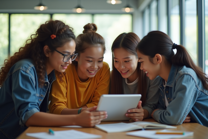 Groupe d'étudiants collaborant autour d'une tablette dans une salle moderne