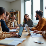 Groupe de jeunes adultes collaborant en salle lumineuse