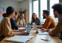 Groupe de jeunes adultes collaborant en salle lumineuse