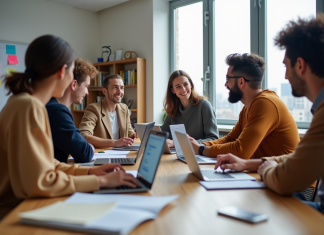 Laclasse.com : ses outils pour un travail de groupe efficace Groupe de jeunes adultes collaborant en salle lumineuse