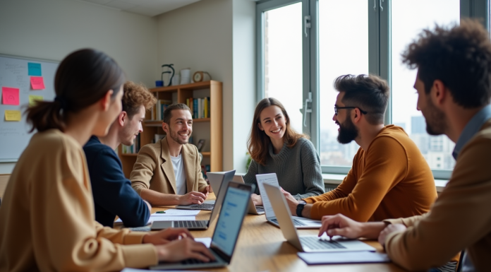 Groupe de jeunes adultes collaborant en salle lumineuse
