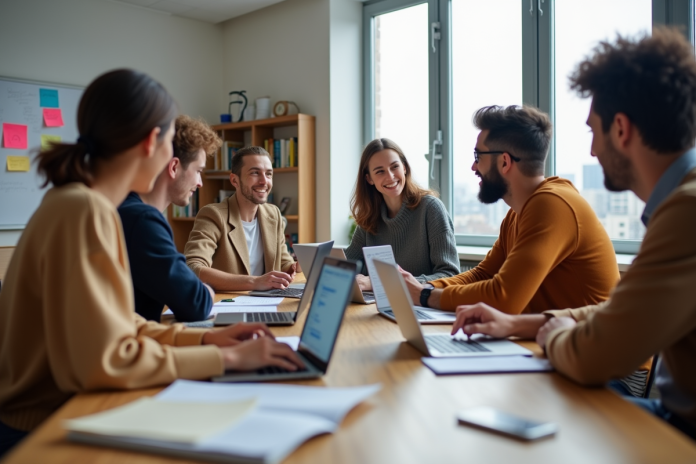 Groupe de jeunes adultes collaborant en salle lumineuse