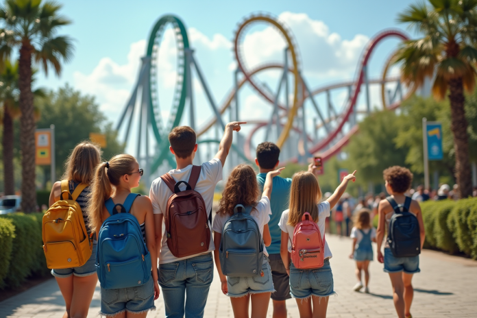 groupe-jeunes-parc-d-attractions Groupe de jeunes souriants devant une grande montagne russe