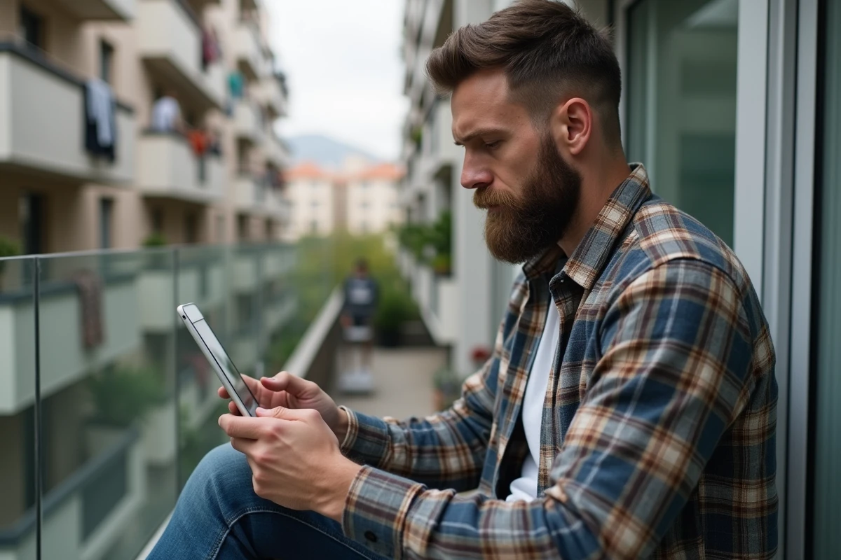 Homme barbu sur balcon urbain lisant une lettre