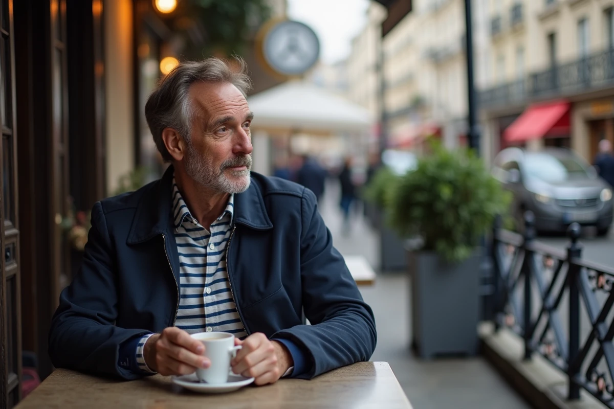 Homme attablé seul en terrasse de café parisien, symbole de la frontière entre vie publique et sphère privée