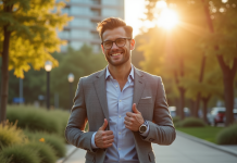 Homme confiant souriant dans un parc urbain ensoleille