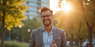 Homme confiant souriant dans un parc urbain ensoleille