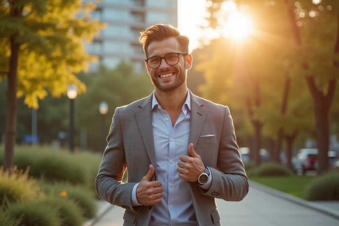 Homme confiant souriant dans un parc urbain ensoleille