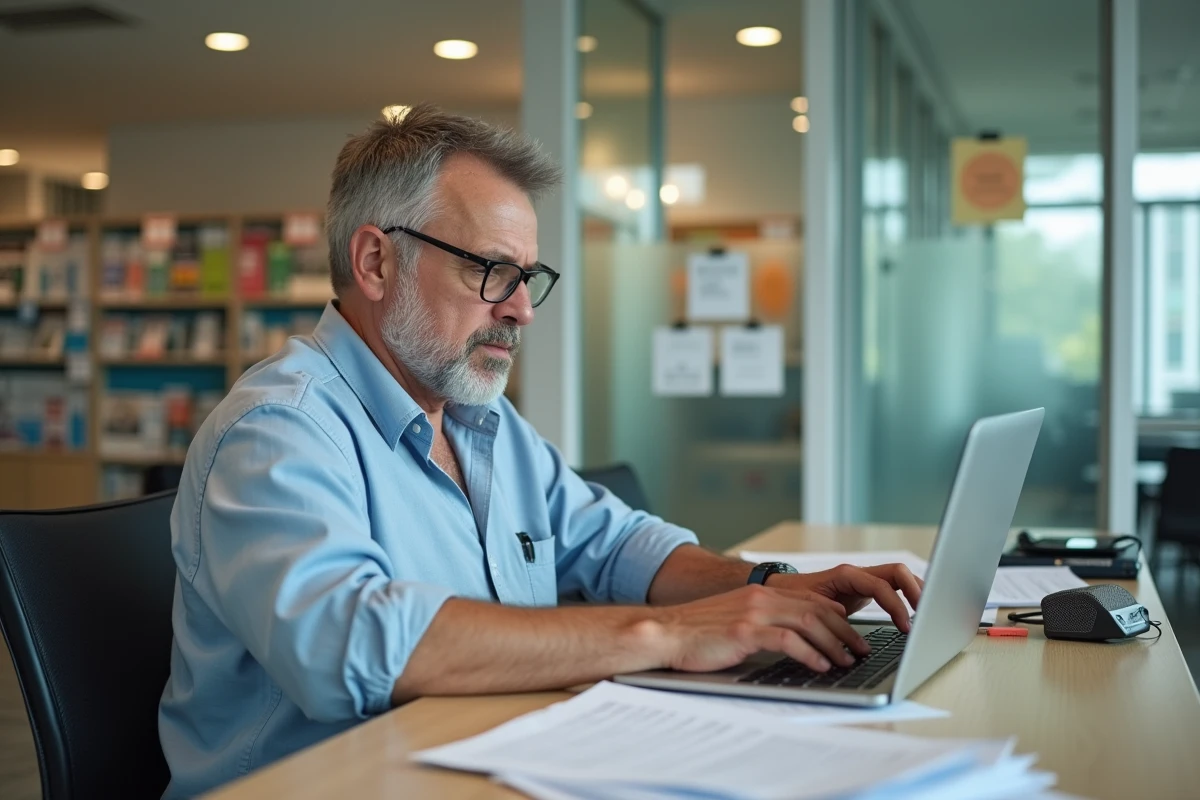 Homme examinant des documents au centre communautaire