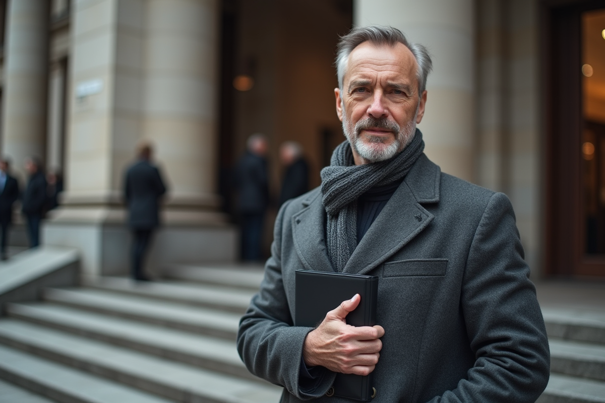 Homme debout devant un bâtiment public avec un dossier