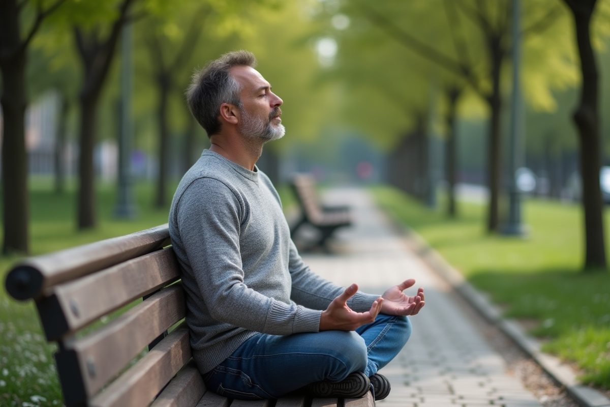 Homme méditant sur un banc dans un parc urbain