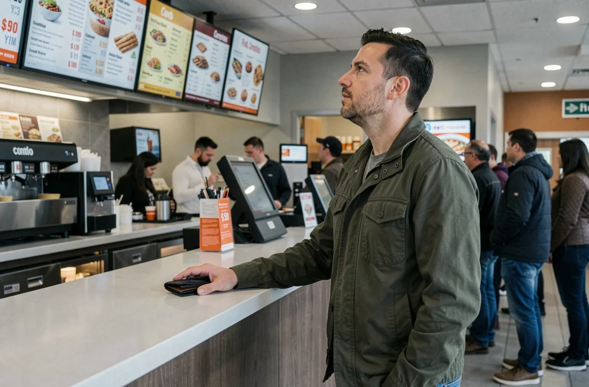 Homme vérifiant les prix sur un menu numérique au comptoir d'un fast food avant de commander