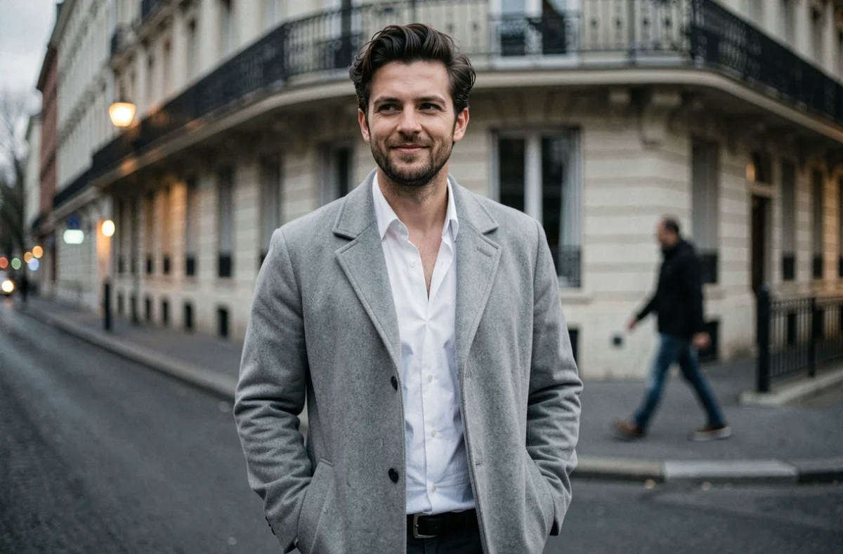 Homme souriant avec expression ambiguë dans une rue parisienne au crépuscule, portrait éditorial style street photography