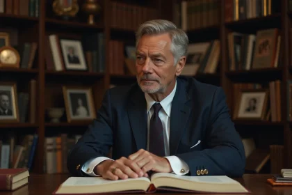 Homme d'âge moyen en costume navy dans un bureau vintage