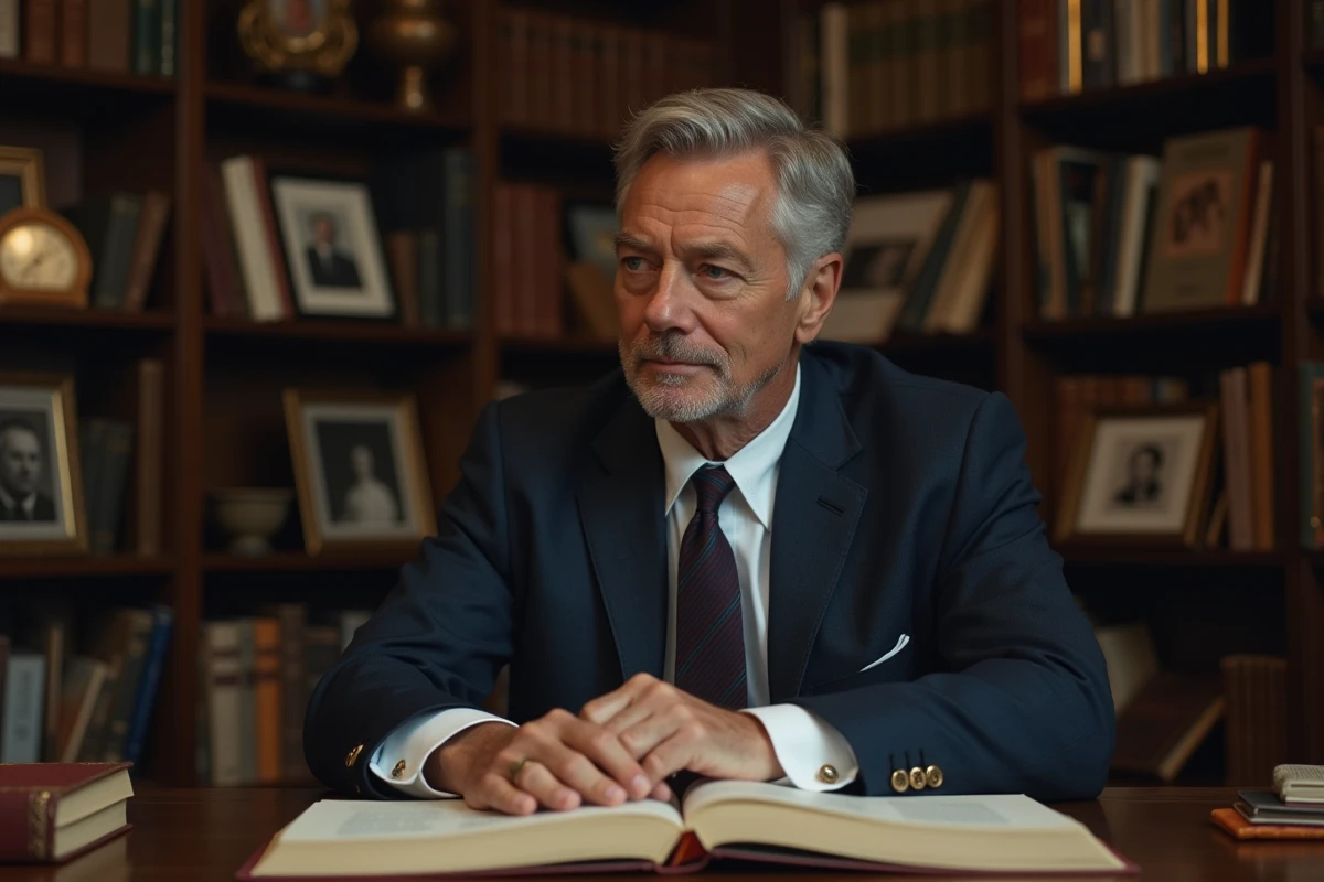 Homme d'âge moyen en costume navy dans un bureau vintage