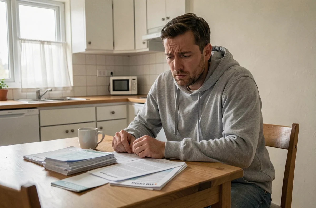 Homme face à des factures impayées et relevés bancaires cherchant de l'aide pour un surendettement à domicile