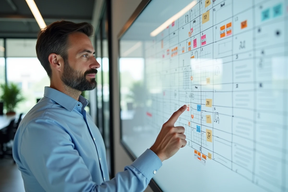 Homme présentant un tableau de planification annuelle avec les numéros de semaines paires et impaires pour 2026 sur un tableau blanc en entreprise