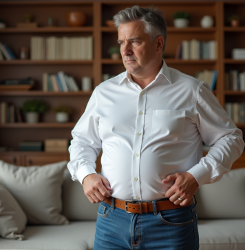 Gros ventre : les meilleures astuces pour garder un pantalon en place ! Homme d'âge moyen ajustant sa ceinture dans un salon chaleureux
