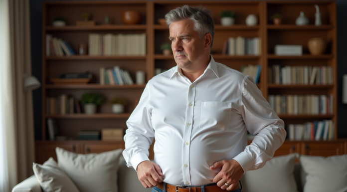 Gros ventre : les meilleures astuces pour garder un pantalon en place ! Homme d'âge moyen ajustant sa ceinture dans un salon chaleureux