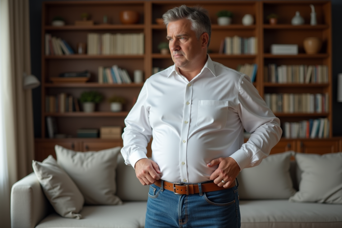homme-velo-bien-etre Homme d'âge moyen ajustant sa ceinture dans un salon chaleureux