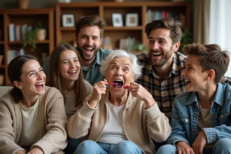Famille intergénérationnelle jouant à un jeu de mime dans un salon chaleureux, grand-mère, père et adolescents hilares