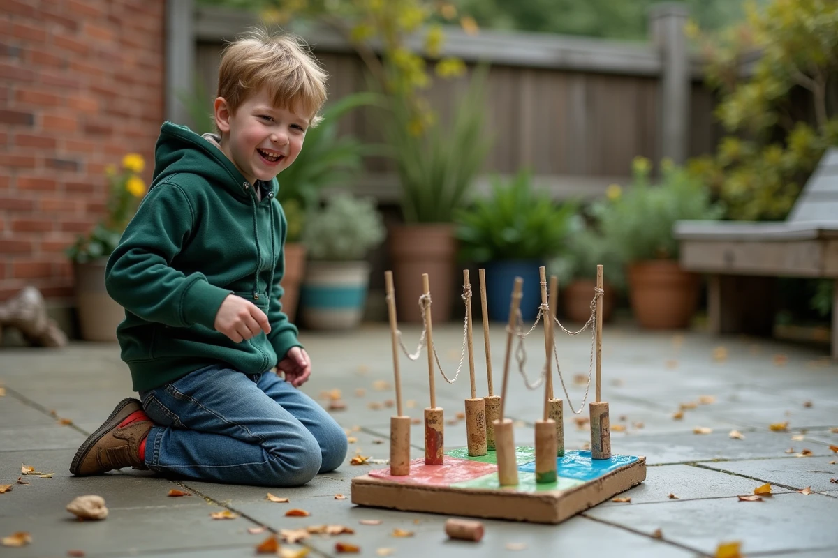 Enfant jouant à un jeu de lancer de cerceaux artisanal fabriqué avec des bouchons de liège et des tiges en bois recyclés dans un jardin