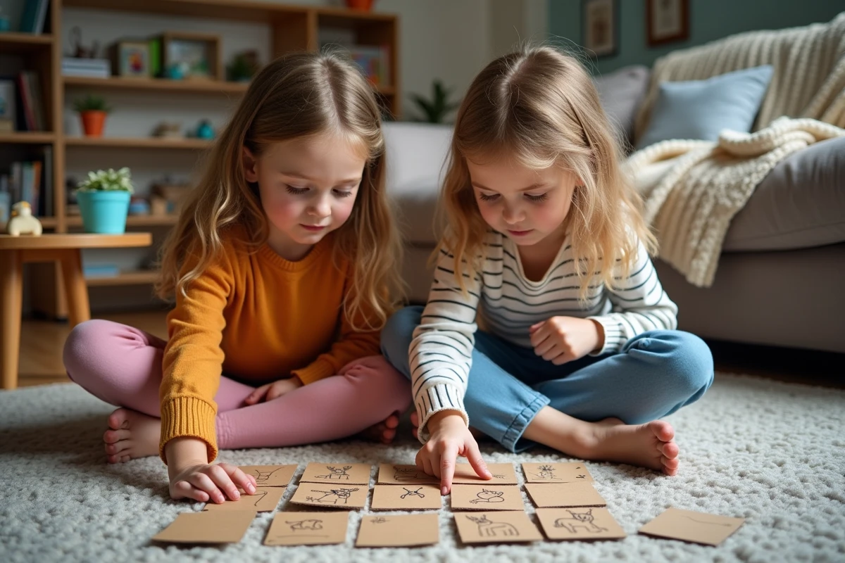 Deux enfants jouant à un jeu de mémoire artisanal fabriqué avec des cartons de céréales recyclés dessinés à la main sur un tapis de salon