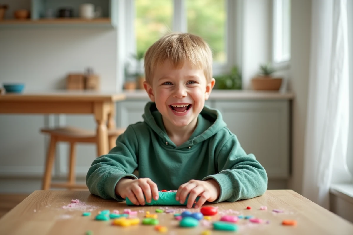 Garçon de 4 ans souriant en train de modeler de la pâte à modeler colorée sur une table basse en bois