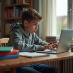 IA pour devoirs : comment choisir la bonne solution ? Adolescent en étude avec ordinateur portable dans sa chambre