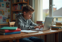 IA pour devoirs : comment choisir la bonne solution ? Adolescent en étude avec ordinateur portable dans sa chambre