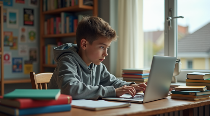 IA pour devoirs : comment choisir la bonne solution ? Adolescent en étude avec ordinateur portable dans sa chambre