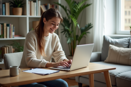 Jeune femme concentrée sur son ordinateur dans un salon lumineux