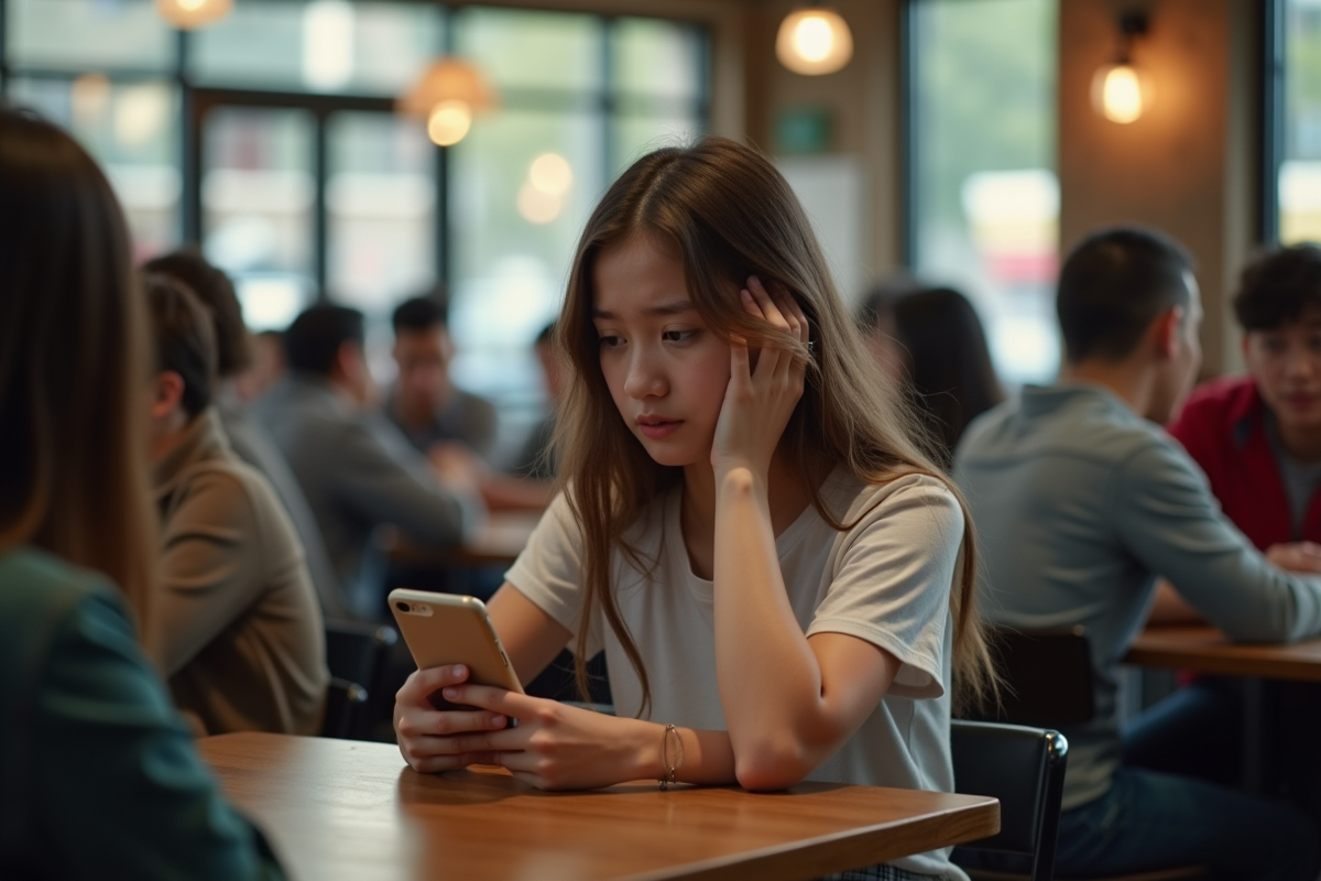 Jeune fille inquiète avec téléphone dans un café animé