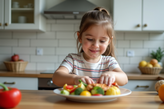 Jeune fille de 6 ans prépare un plat de légumes et poulet