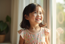 Jeune fille joyeuse près d'une fenêtre en lumière naturelle