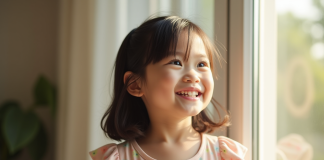 Jeune fille joyeuse près d'une fenêtre en lumière naturelle